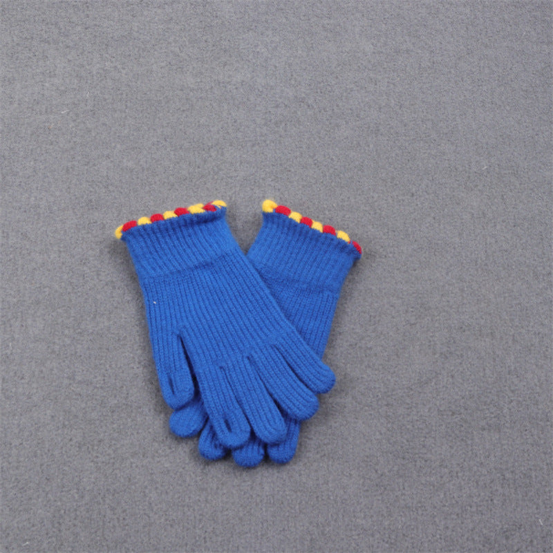 Pom Trim Knitted Touchscreen Gloves - Blue