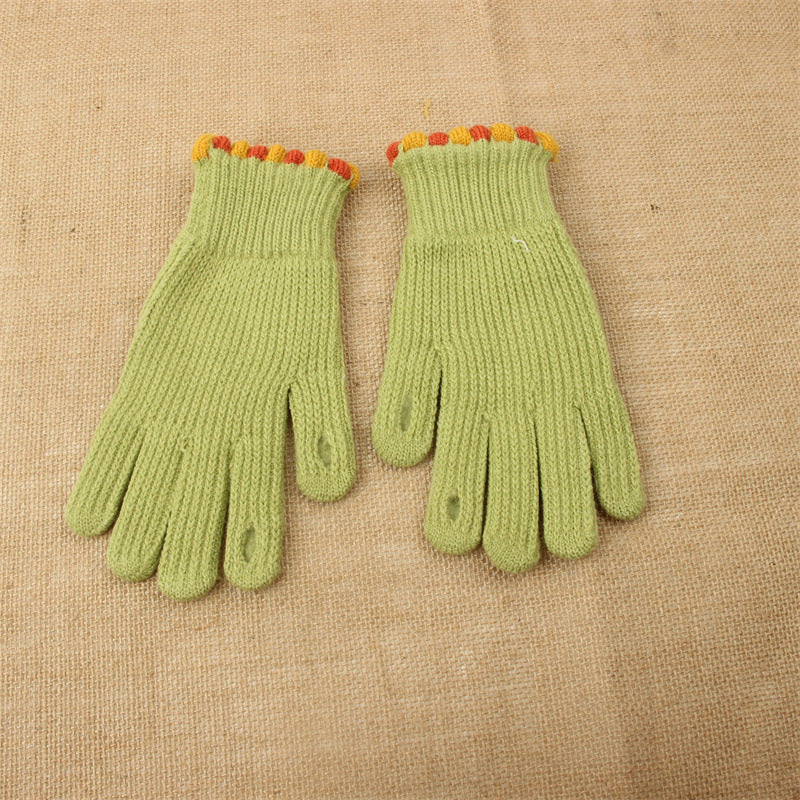 Pom Trim Knitted Touchscreen Gloves - Green
