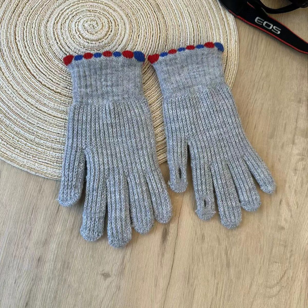 Pom Trim Knitted Touchscreen Gloves - Grey