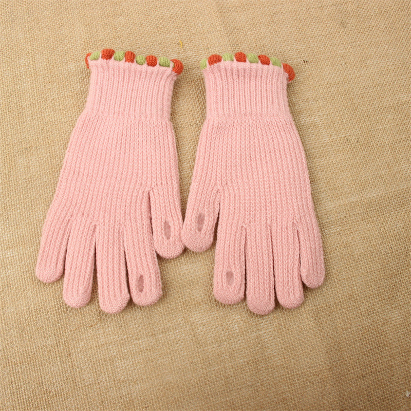 Pom Trim Knitted Touchscreen Gloves - Pink