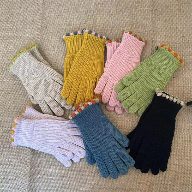 Pom Trim Knitted Touchscreen Gloves - Purple