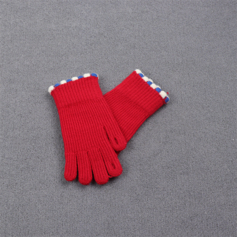 Pom Trim Knitted Touchscreen Gloves - Red