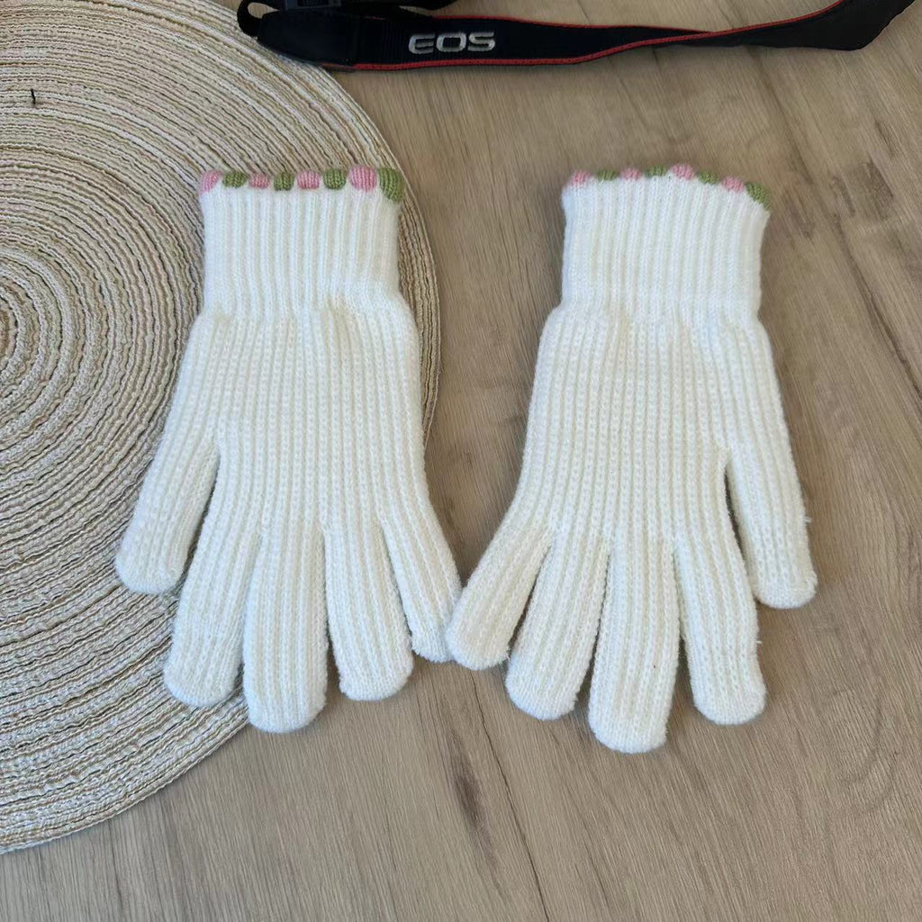 Pom Trim Knitted Touchscreen Gloves - White