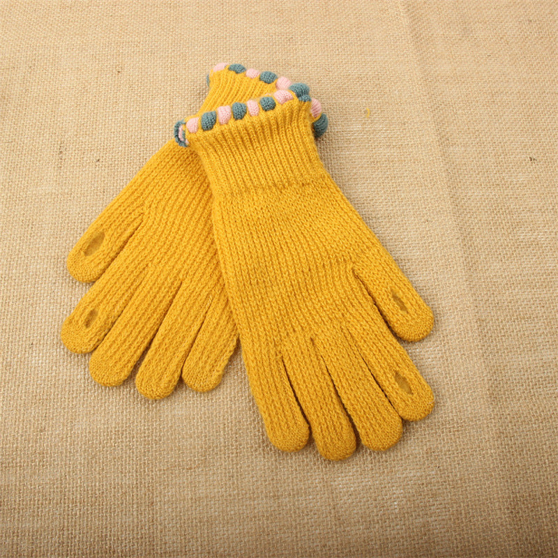 Pom Trim Knitted Touchscreen Gloves - Yellow