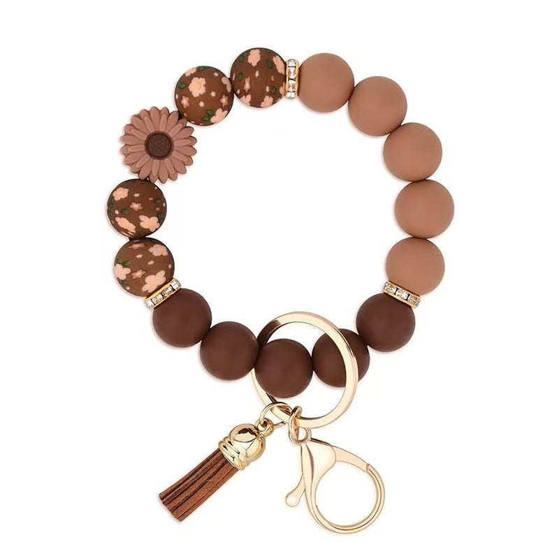 Cow Print Bead Wristlet Keychain With Tassel - NO-11