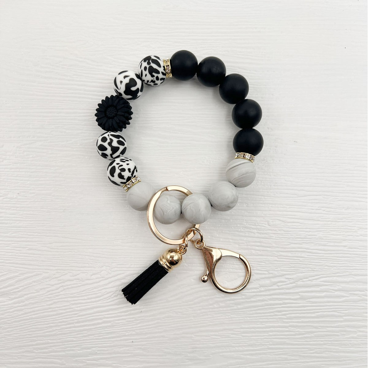 Cow Print Bead Wristlet Keychain With Tassel - NO-4