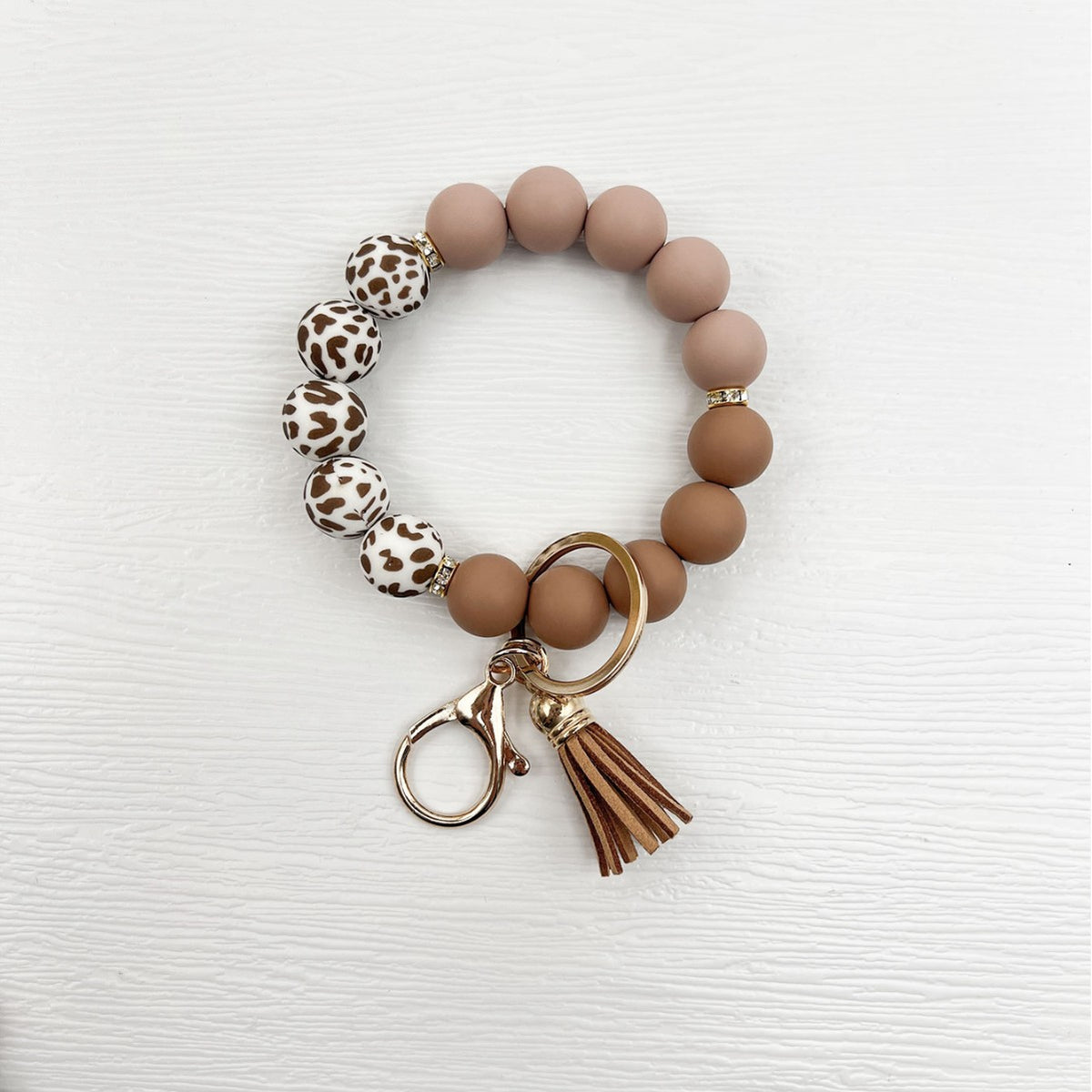 Cow Print Bead Wristlet Keychain With Tassel - NO-5