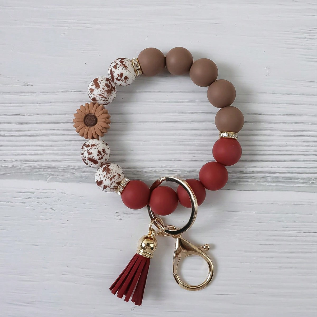 Cow Print Bead Wristlet Keychain With Tassel - NO-7