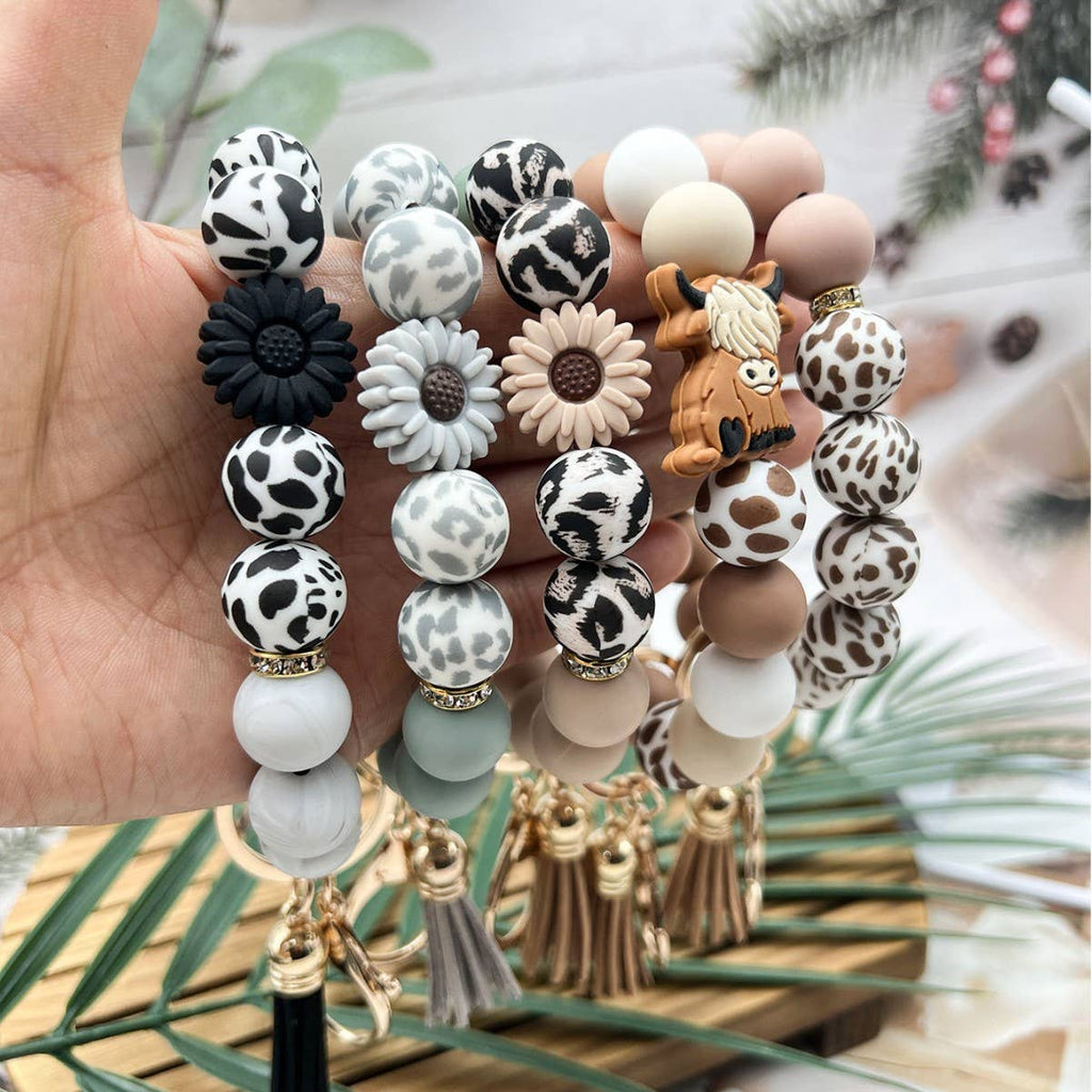 Cow Print Bead Wristlet Keychain With Tassel