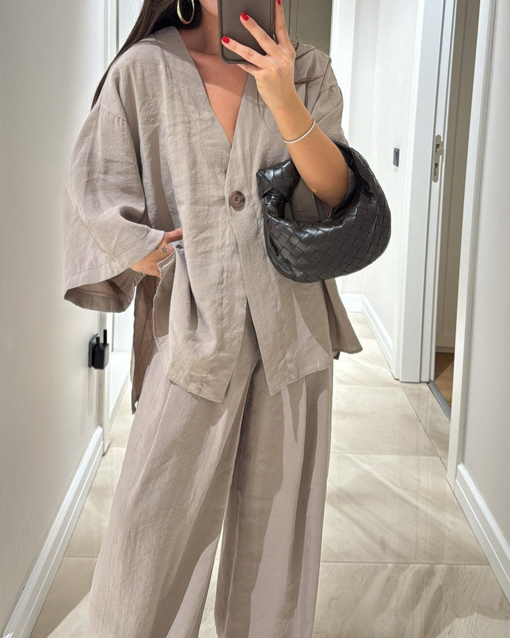 Textured Kimono Top And Wide Leg Pant Set - Apricot