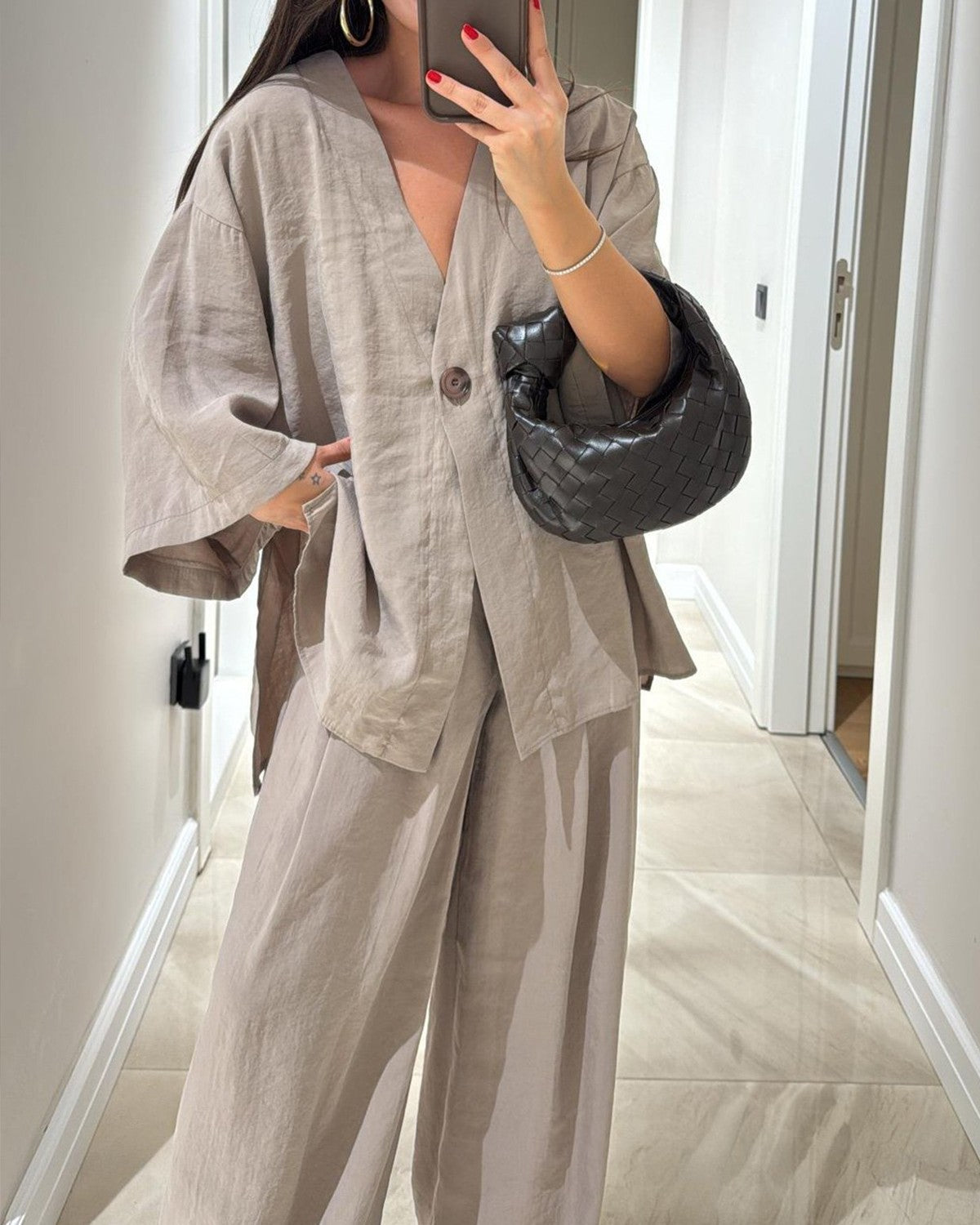 Textured Kimono Top And Wide Leg Pant Set - Apricot