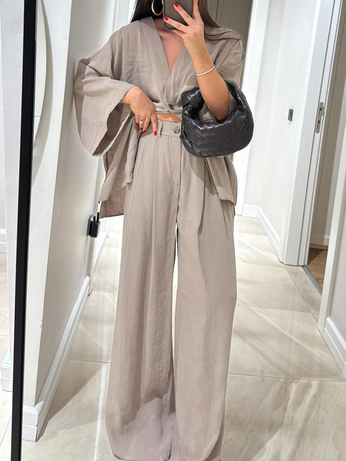 Textured Kimono Top And Wide Leg Pant Set - Apricot - 2