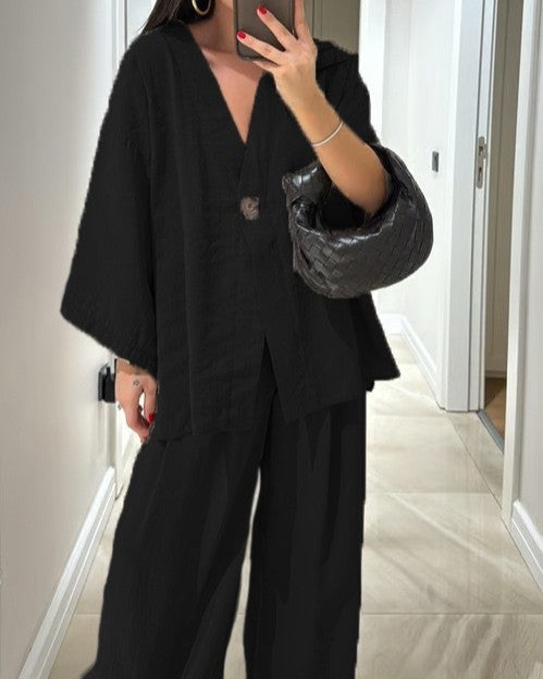 Textured Kimono Top And Wide Leg Pant Set - Black