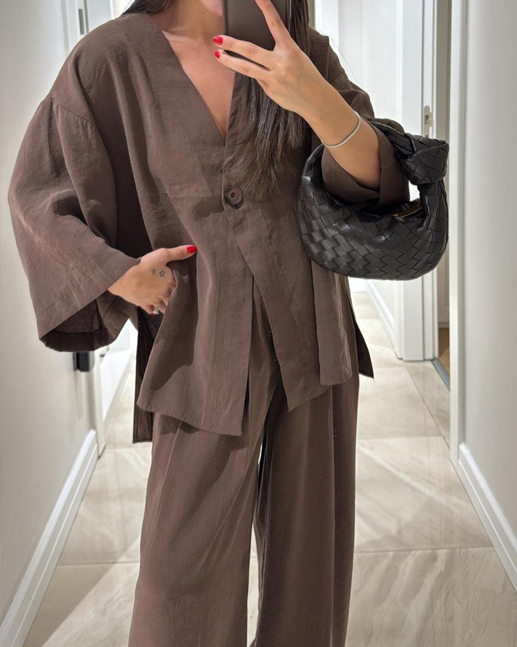 Textured Kimono Top And Wide Leg Pant Set - Coffee