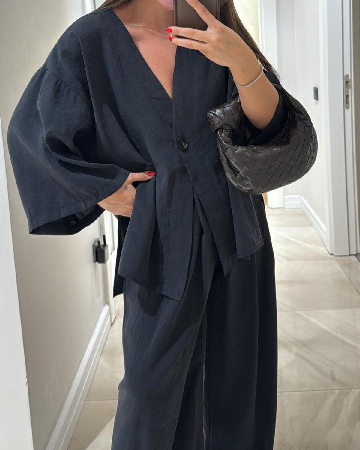 Textured Kimono Top And Wide Leg Pant Set - Navy-Blue