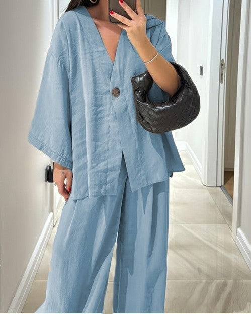 Textured Kimono Top And Wide Leg Pant Set - Sky-Blue