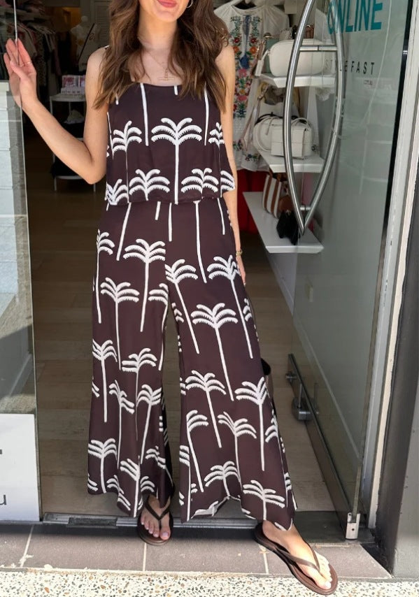 Printed Square Neck Wide Leg Jumpsuit - palm - 1