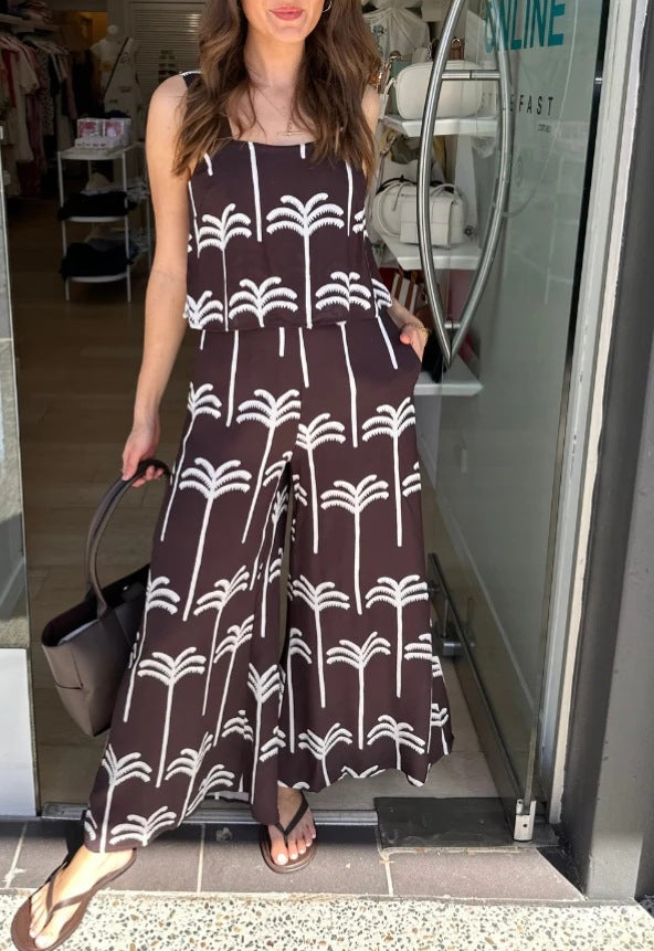Printed Square Neck Wide Leg Jumpsuit - palm - 2
