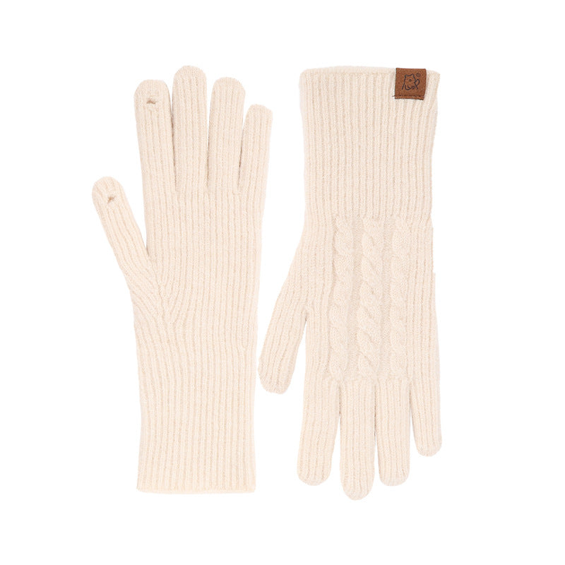 Cable Knit Ribbed Cuff Winter Gloves - Beige