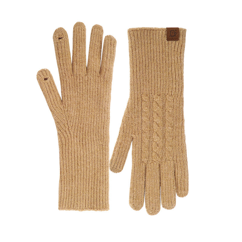 Cable Knit Ribbed Cuff Winter Gloves - Khaki