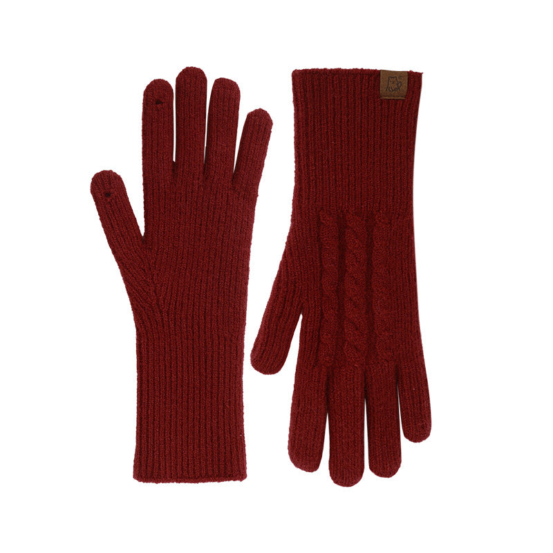 Cable Knit Ribbed Cuff Winter Gloves - Wine-Red