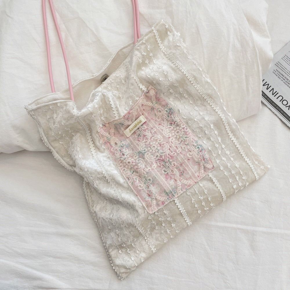 Lace Panel Floral Shoulder Tote Bag - Color_1
