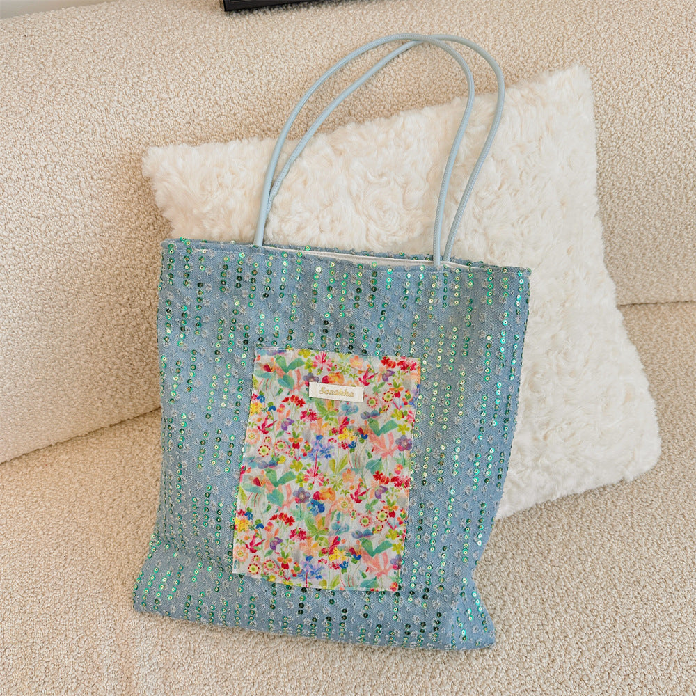Lace Panel Floral Shoulder Tote Bag - Color_7