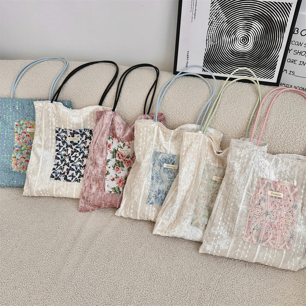 Lace Panel Floral Shoulder Tote Bag