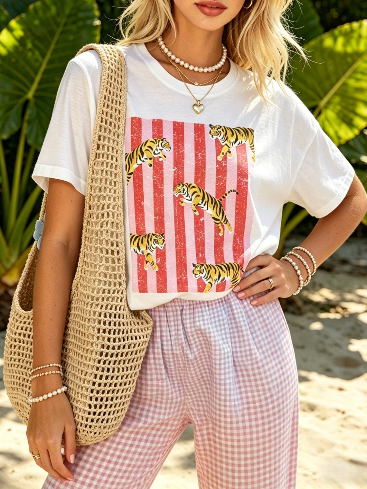 Striped Tiger Graphic Cotton Crewneck Tee - White