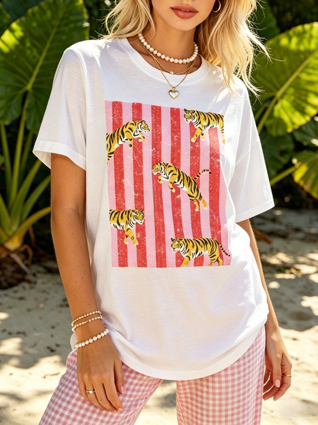 Striped Tiger Graphic Cotton Crewneck Tee - White - 1