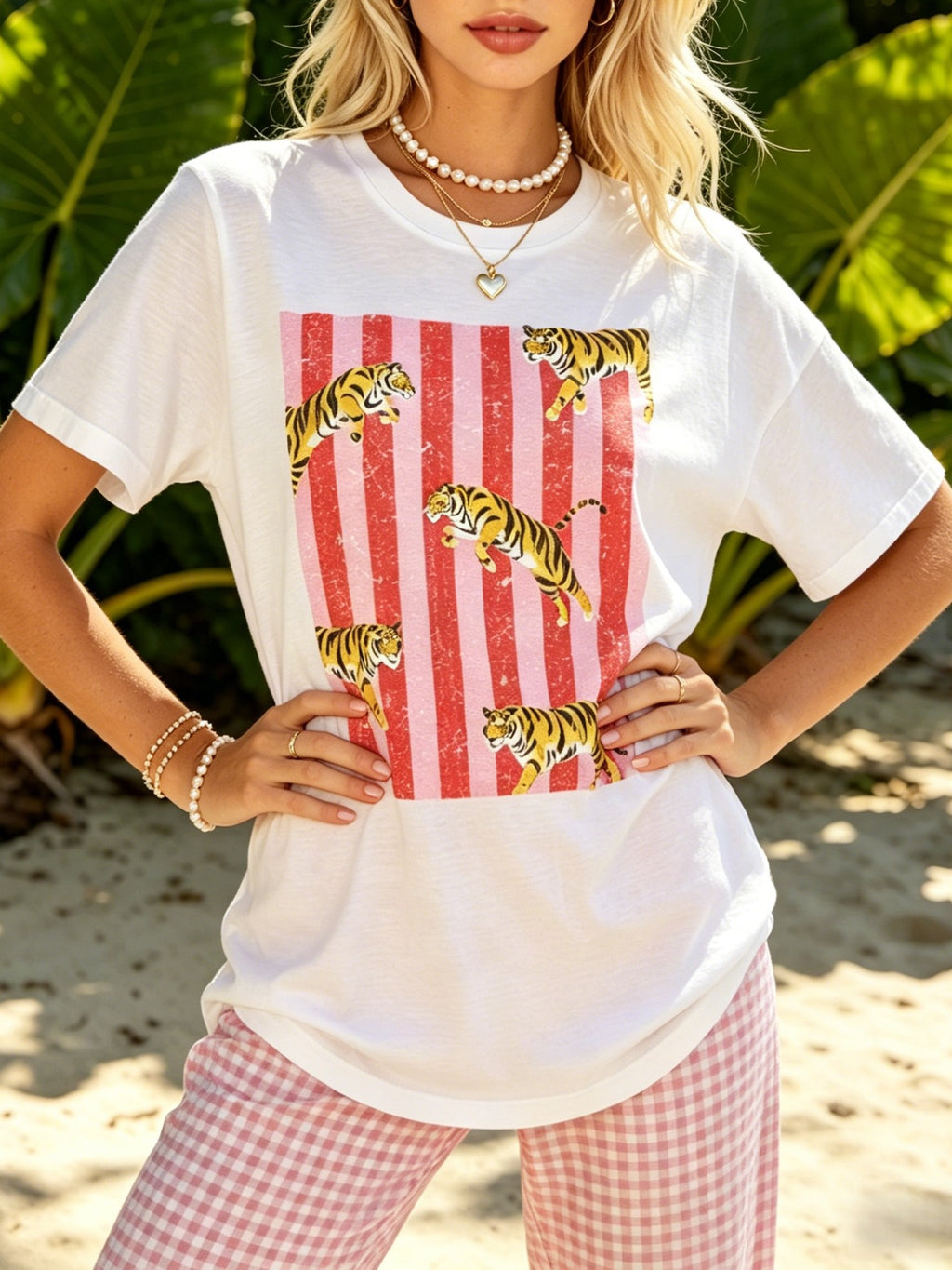 Striped Tiger Graphic Cotton Crewneck Tee - White - 2