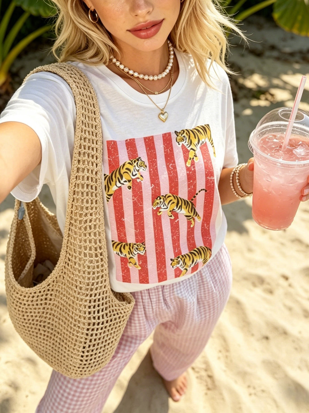 Striped Tiger Graphic Cotton Crewneck Tee - White - 4