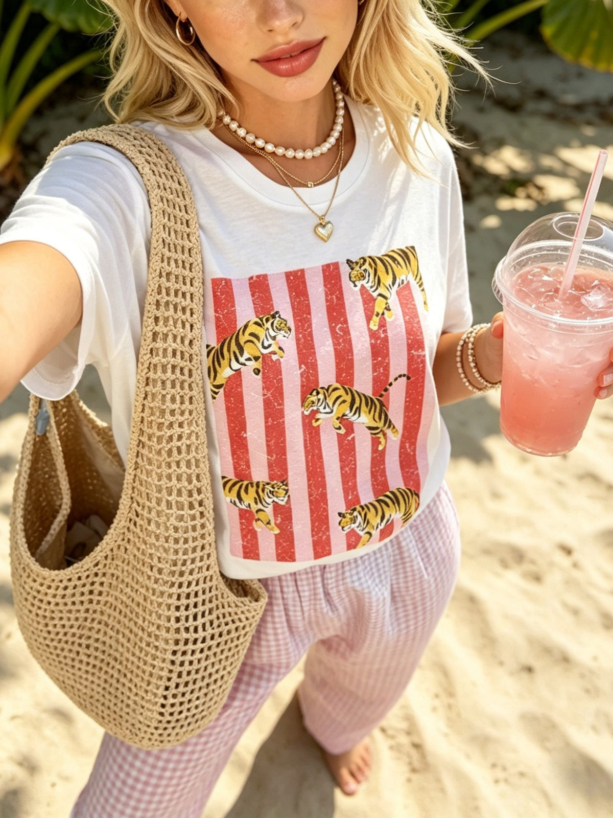 Striped Tiger Graphic Cotton Crewneck Tee - White - 4