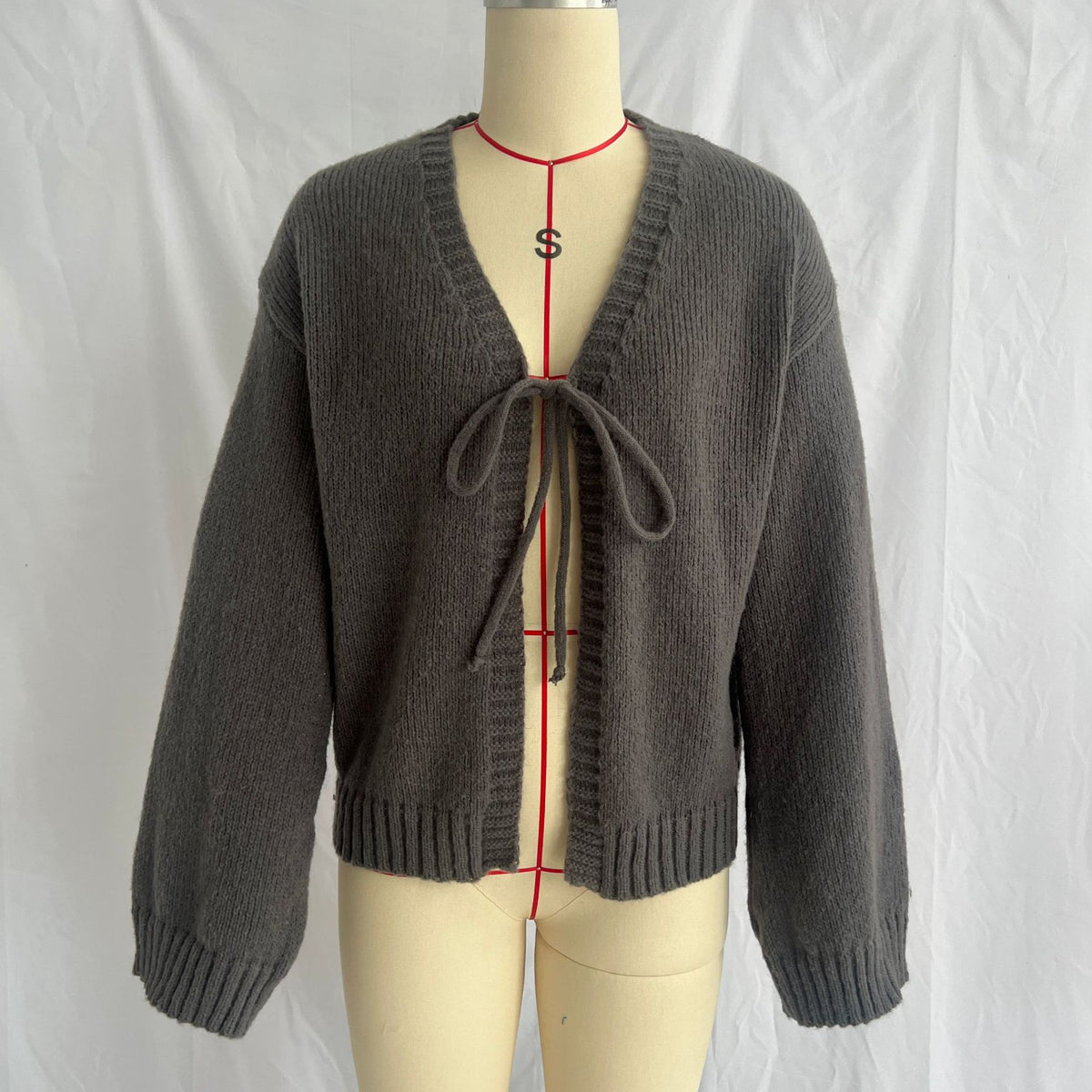 Tie Front Deep V Vintage Knit Cardigan - Grey