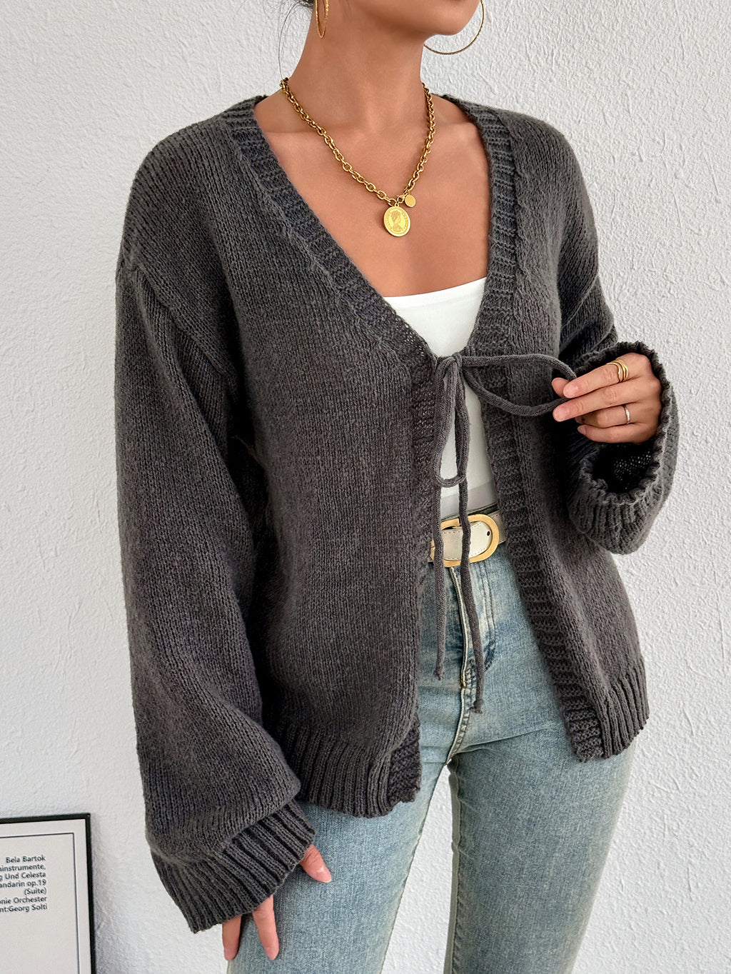 Tie Front Deep V Vintage Knit Cardigan - view 1