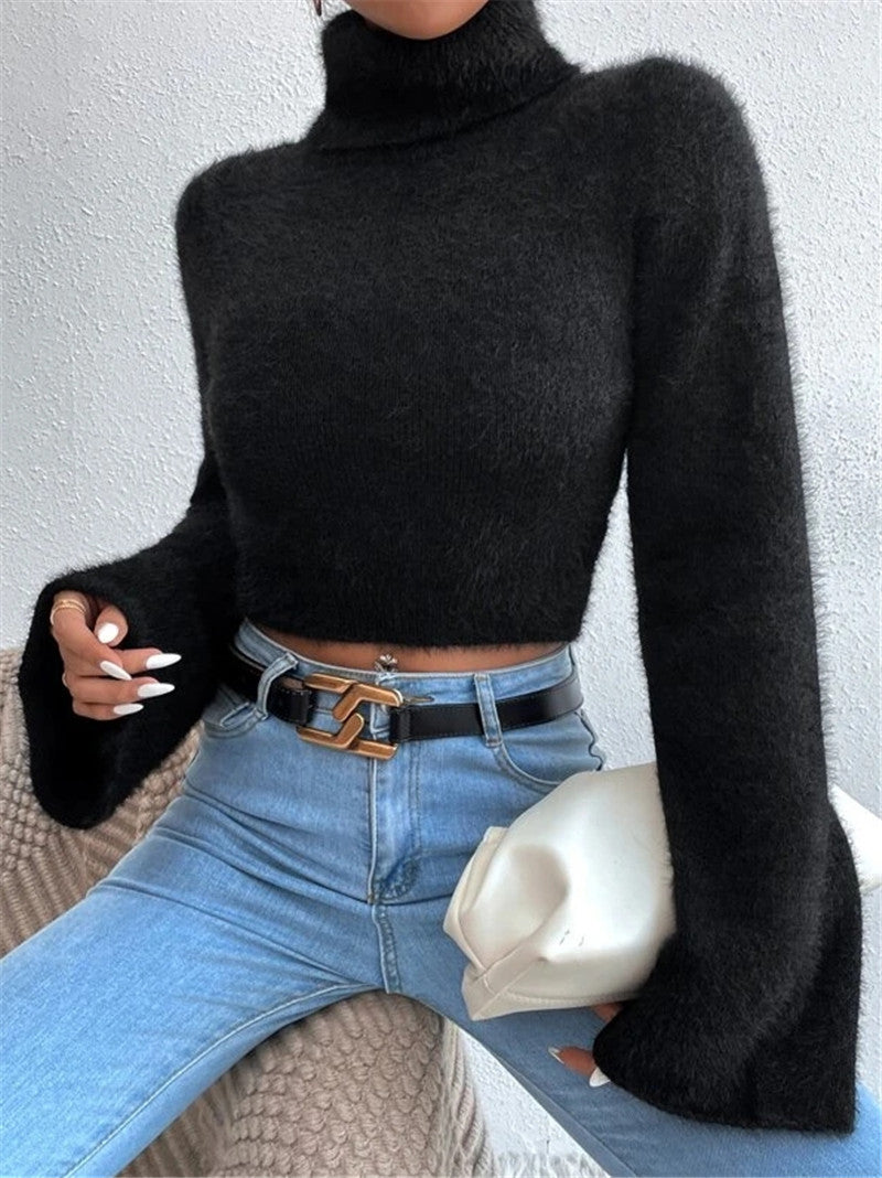 Fuzzy Turtleneck Flare Sleeve Cropped Sweater - Black