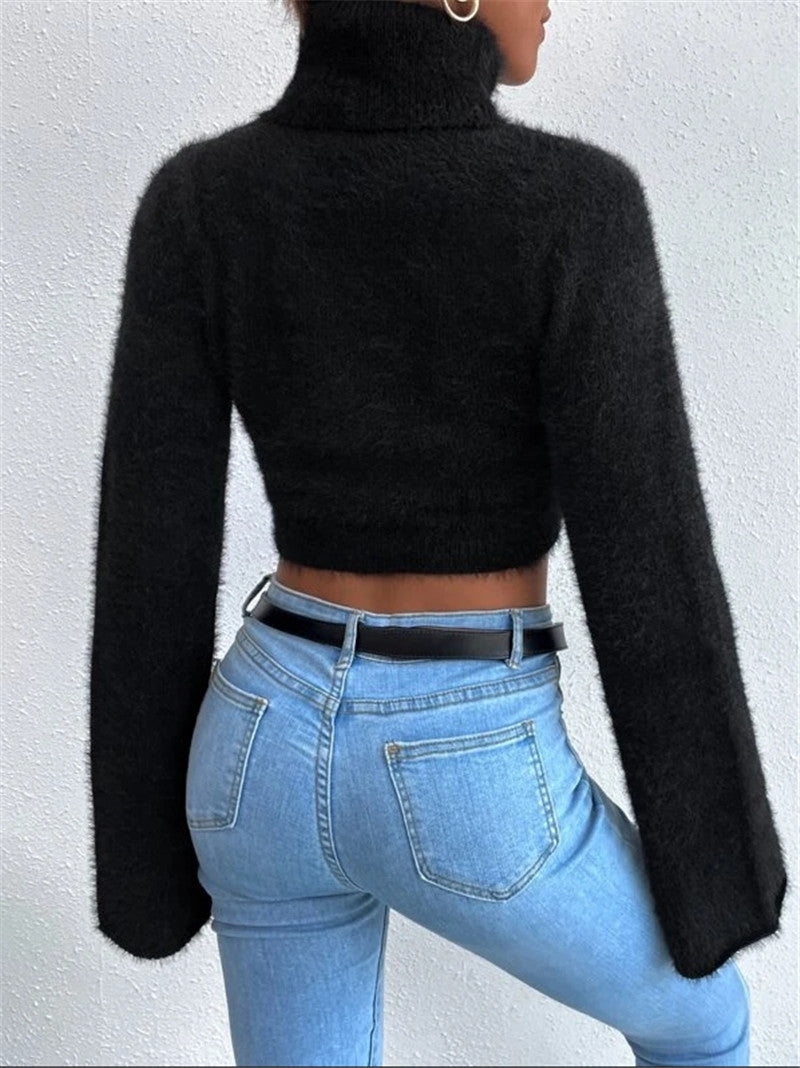 Fuzzy Turtleneck Flare Sleeve Cropped Sweater - Black - 1