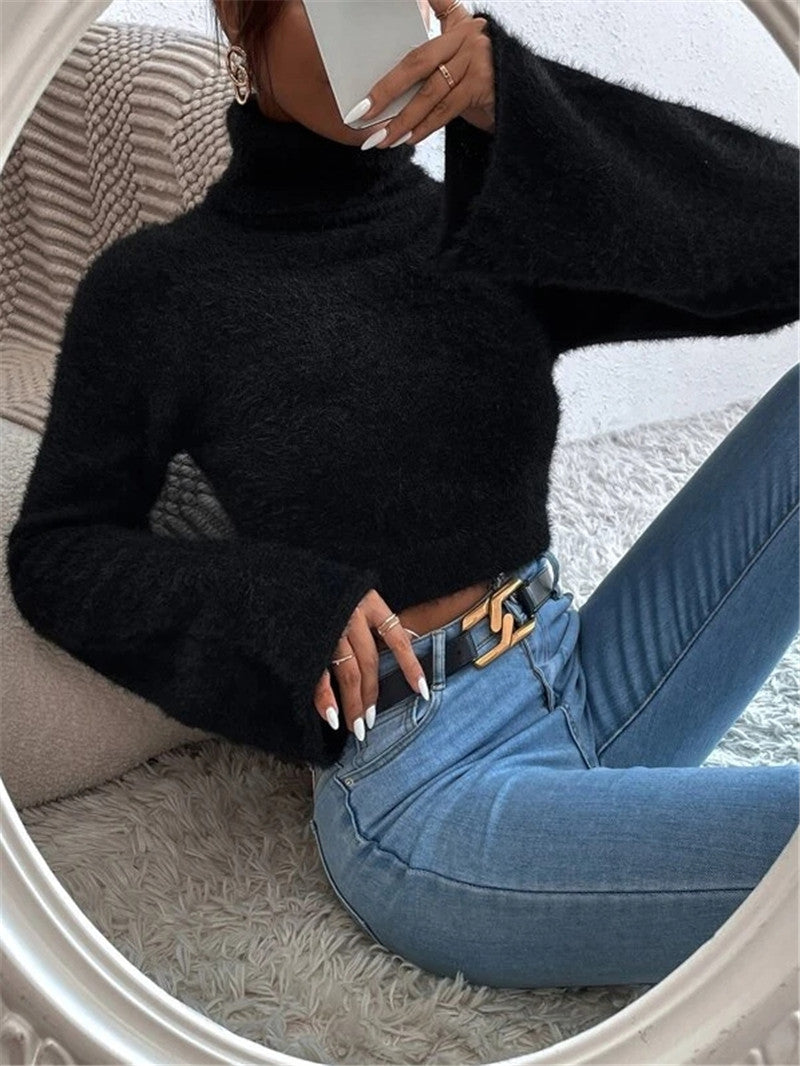 Fuzzy Turtleneck Flare Sleeve Cropped Sweater - Black - 2