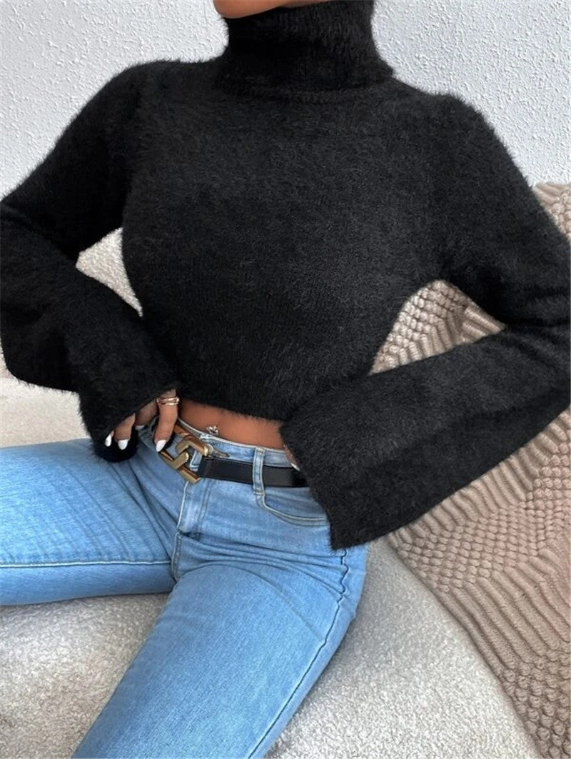 Fuzzy Turtleneck Flare Sleeve Cropped Sweater - Black - 3