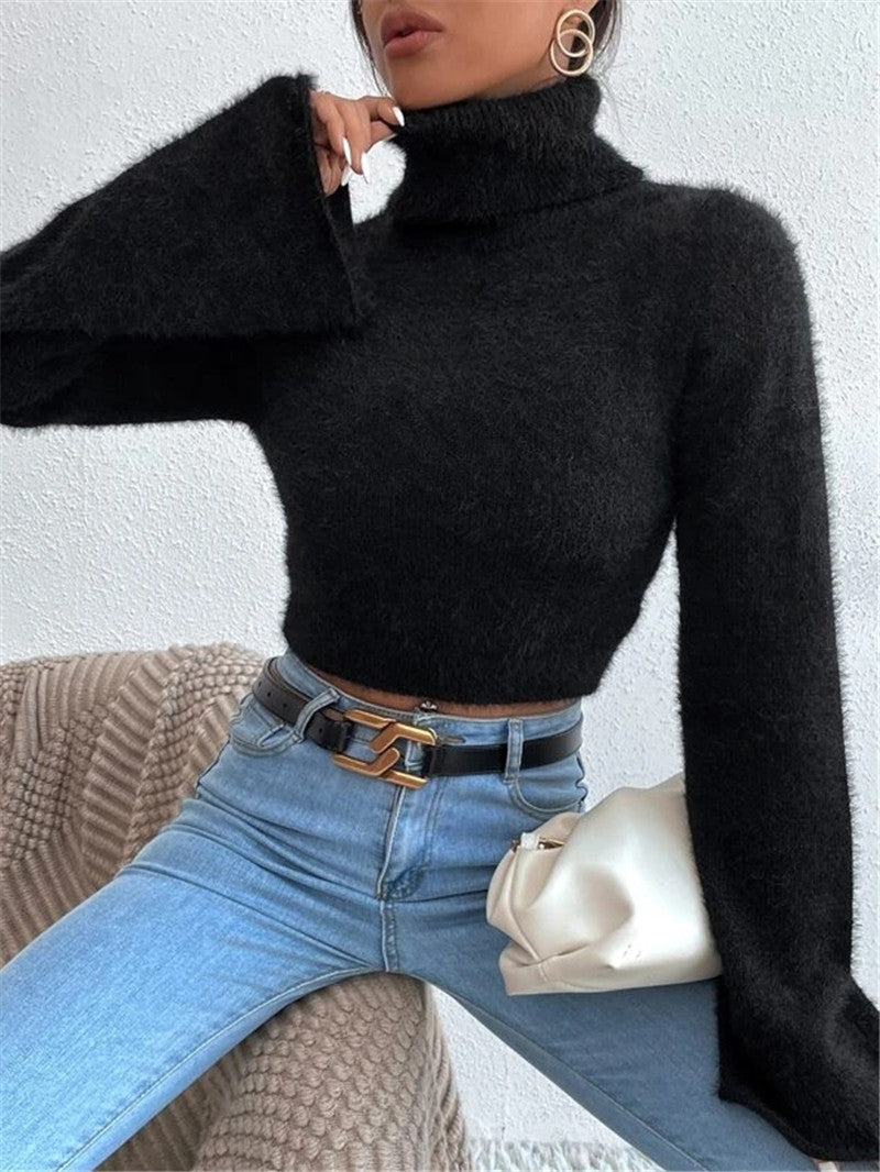 Fuzzy Turtleneck Flare Sleeve Cropped Sweater - Black - 4