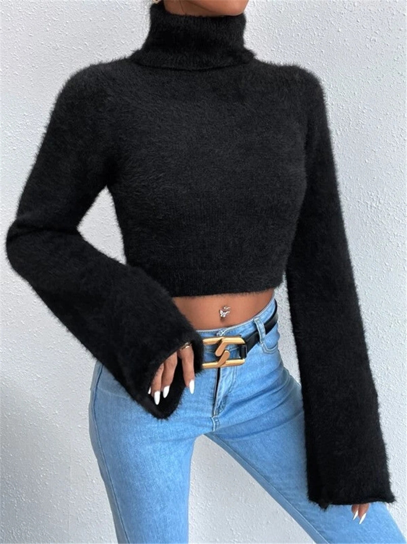 Fuzzy Turtleneck Flare Sleeve Cropped Sweater - Black - 5