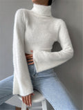 Fuzzy Turtleneck Flare Sleeve Cropped Sweater - White