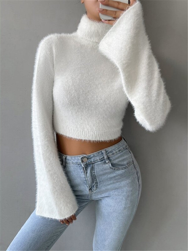 Fuzzy Turtleneck Flare Sleeve Cropped Sweater - White - 1
