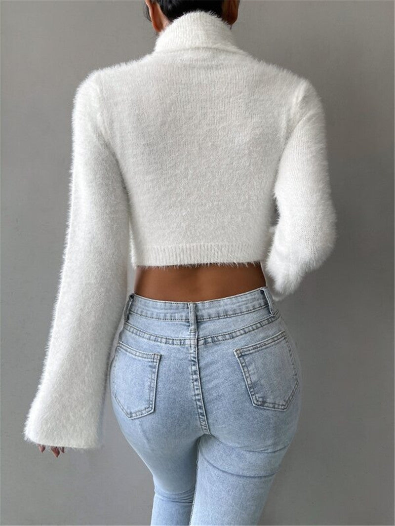 Fuzzy Turtleneck Flare Sleeve Cropped Sweater - White - 2
