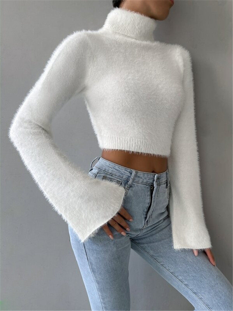 Fuzzy Turtleneck Flare Sleeve Cropped Sweater - White - 3