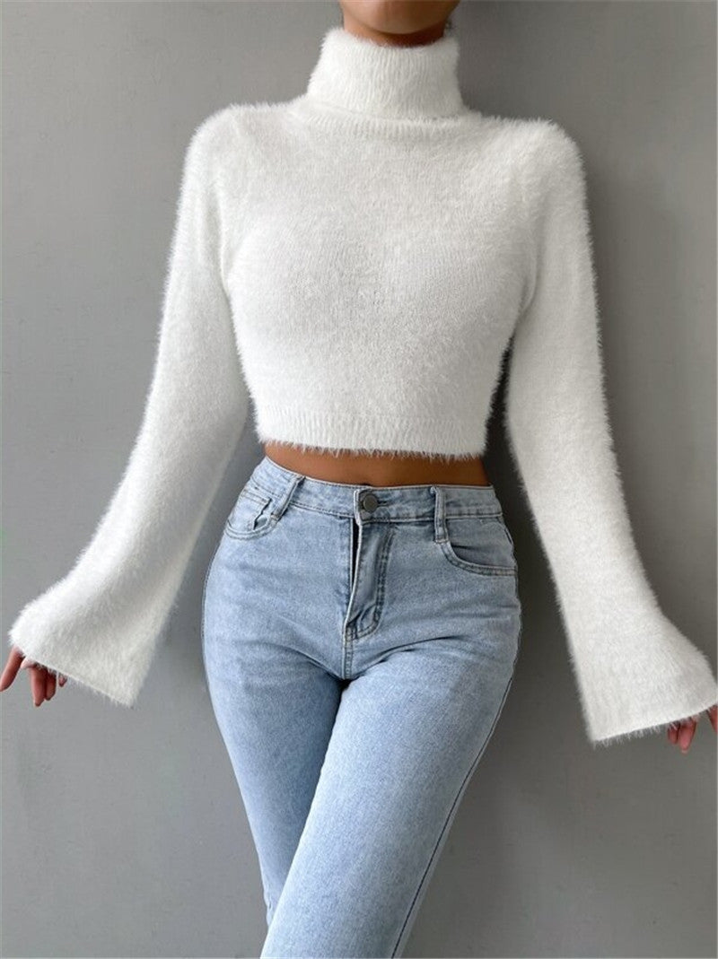 Fuzzy Turtleneck Flare Sleeve Cropped Sweater - White - 6