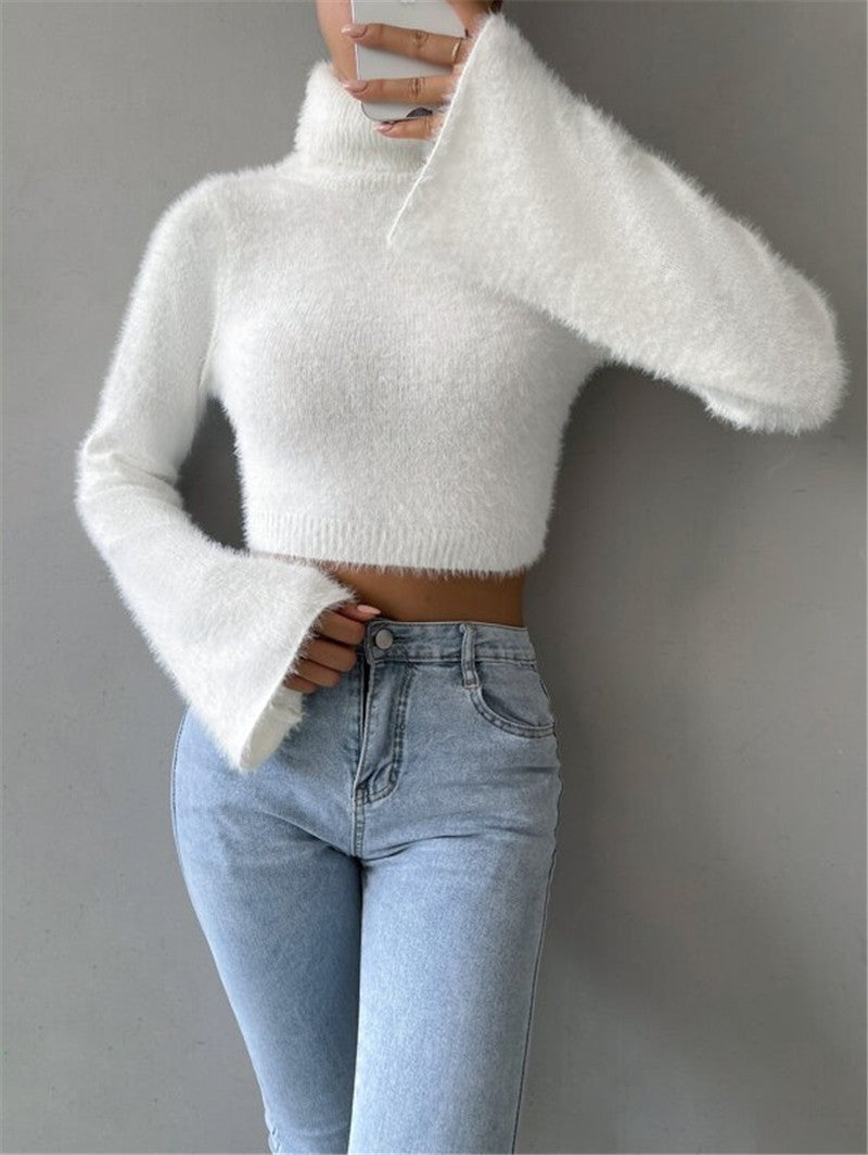 Fuzzy Turtleneck Flare Sleeve Cropped Sweater - White - 7