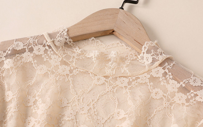 Frilled High Neck Lace Layering Top - Beige - 1