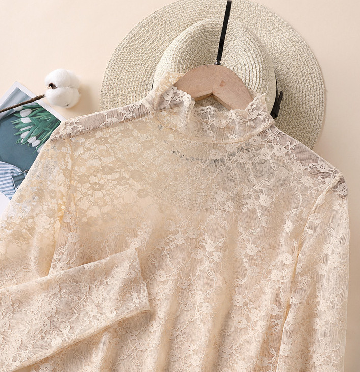 Frilled High Neck Lace Layering Top - Beige - 6
