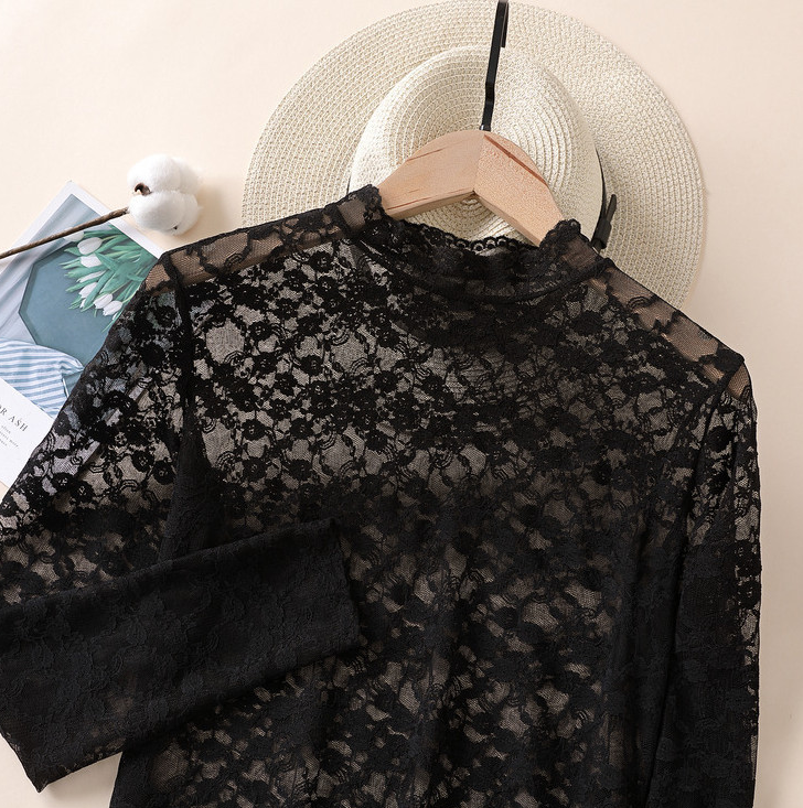 Frilled High Neck Lace Layering Top - black